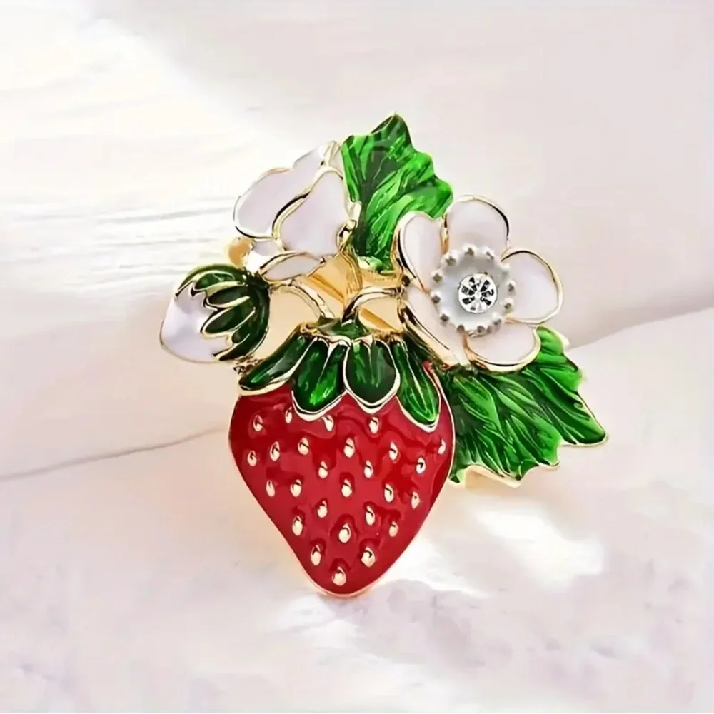 Strawberry Brooch Enameled with Floral Accents Gold Tone
